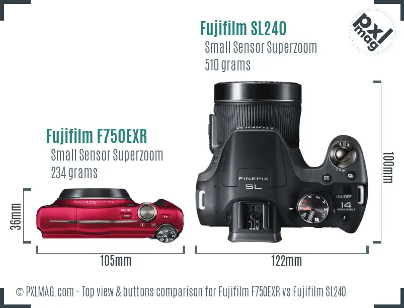 Fujifilm F750EXR vs Fujifilm SL240 top view buttons comparison