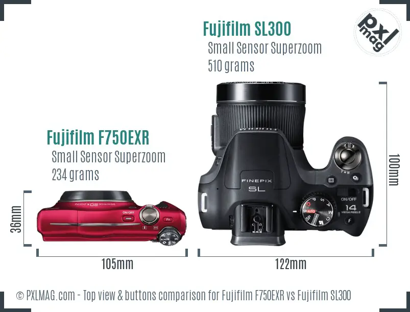 Fujifilm F750EXR vs Fujifilm SL300 top view buttons comparison Fujifilm F750EXR vs Fujifilm SL300 top view buttons comparison