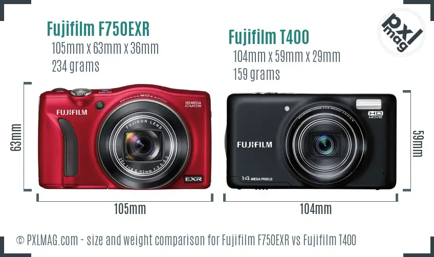 Fujifilm F750EXR vs Fujifilm T400 size comparison