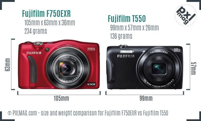 Fujifilm F750EXR vs Fujifilm T550 size comparison