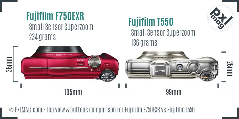 Fujifilm F750EXR vs Fujifilm T550 top view buttons comparison