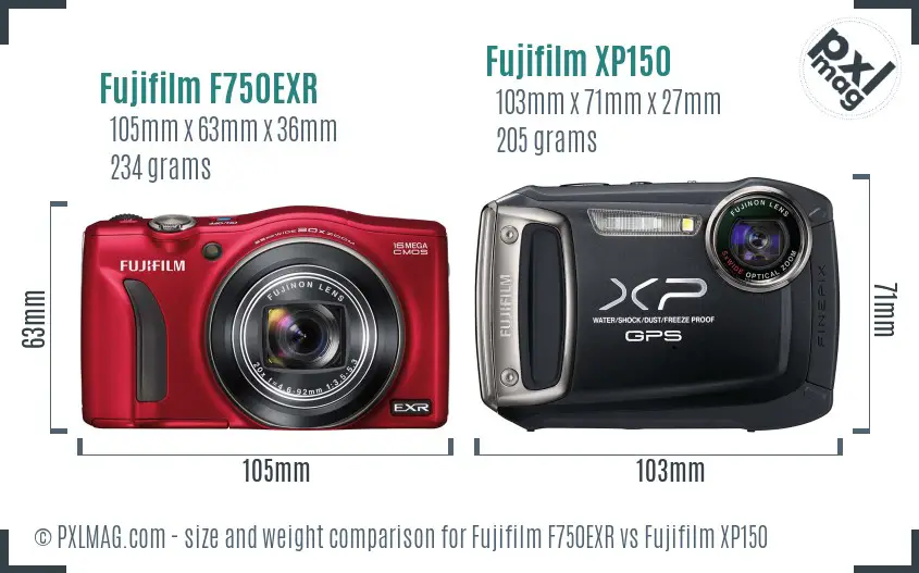Fujifilm F750EXR vs Fujifilm XP150 size comparison