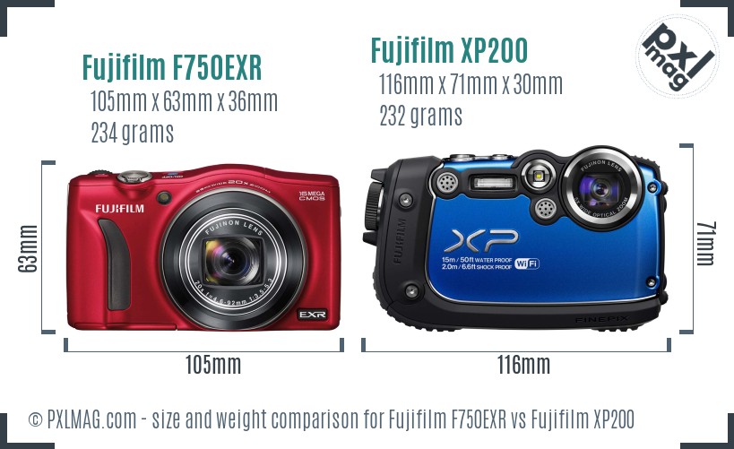 Fujifilm F750EXR vs Fujifilm XP200 size comparison