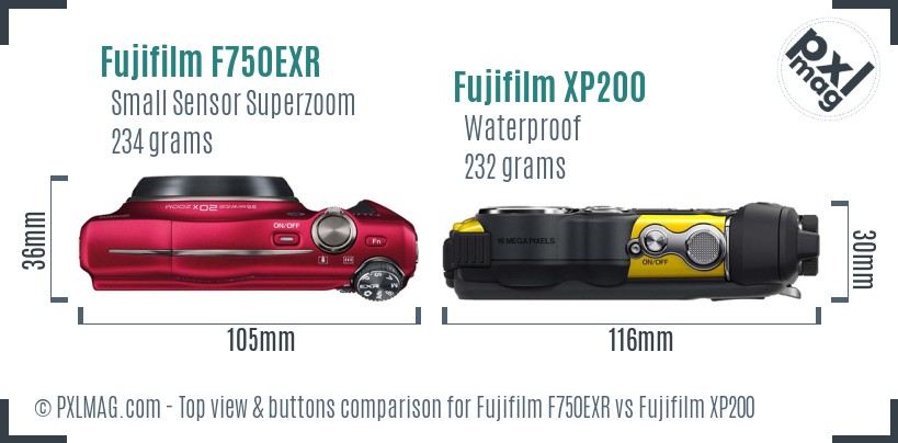 Fujifilm F750EXR vs Fujifilm XP200 top view buttons comparison