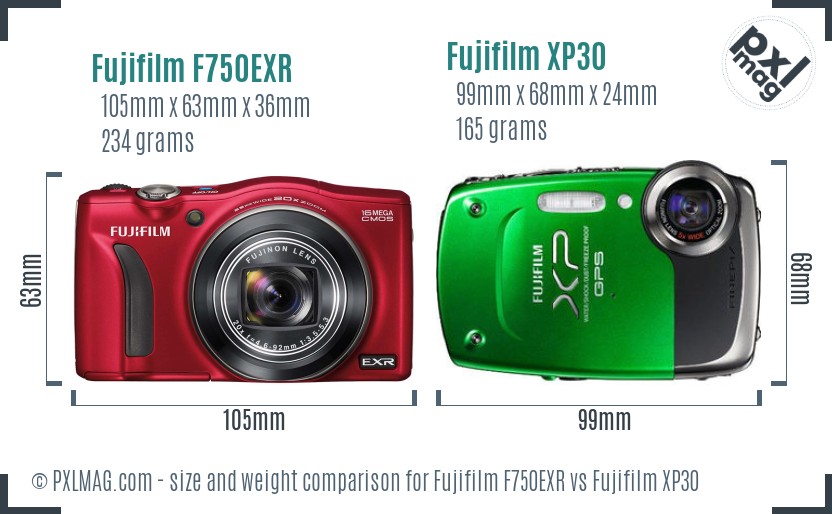 Fujifilm F750EXR vs Fujifilm XP30 size comparison