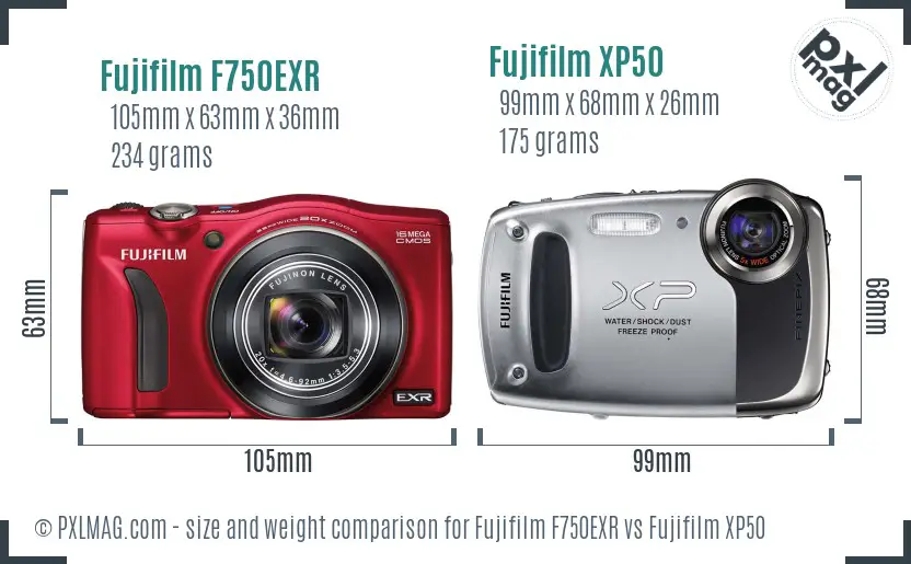 Fujifilm F750EXR vs Fujifilm XP50 size comparison