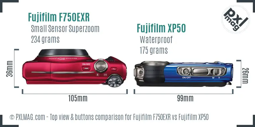 Fujifilm F750EXR vs Fujifilm XP50 top view buttons comparison