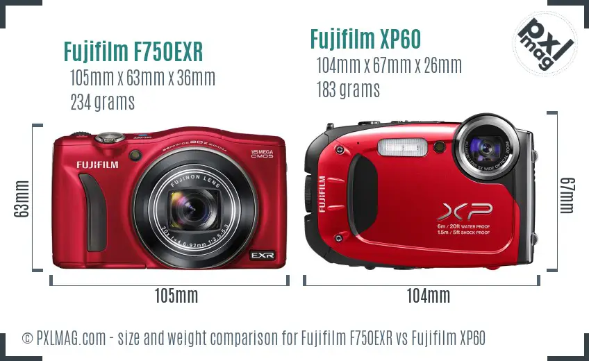 Fujifilm F750EXR vs Fujifilm XP60 size comparison