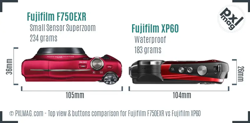 Fujifilm F750EXR vs Fujifilm XP60 top view buttons comparison
