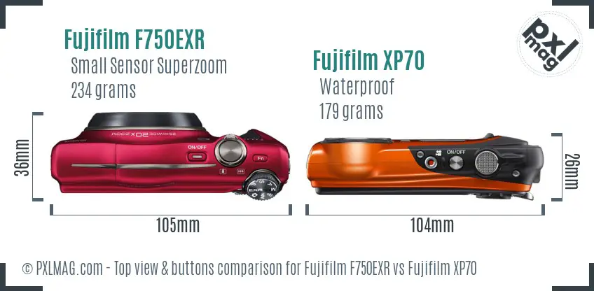 Fujifilm F750EXR vs Fujifilm XP70 top view buttons comparison