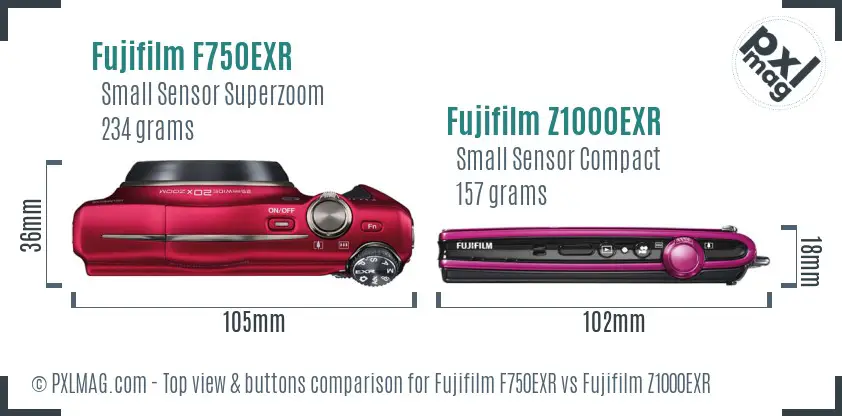 Fujifilm F750EXR vs Fujifilm Z1000EXR top view buttons comparison