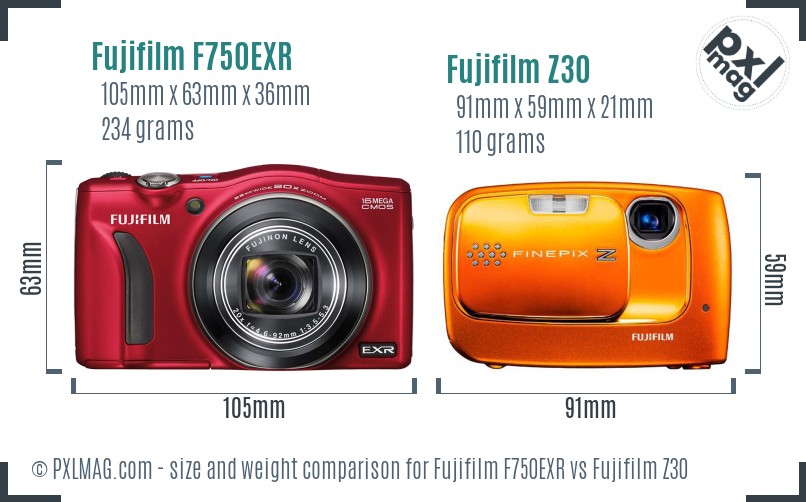 Fujifilm F750EXR vs Fujifilm Z30 size comparison