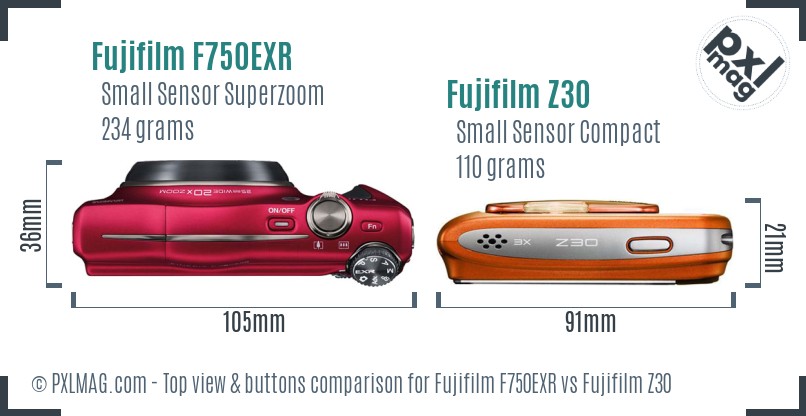 Fujifilm F750EXR vs Fujifilm Z30 top view buttons comparison