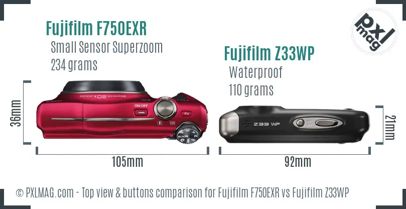 Fujifilm F750EXR vs Fujifilm Z33WP top view buttons comparison Fujifilm F750EXR vs Fujifilm Z33WP top view buttons comparison