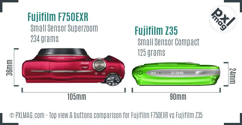 Fujifilm F750EXR vs Fujifilm Z35 top view buttons comparison