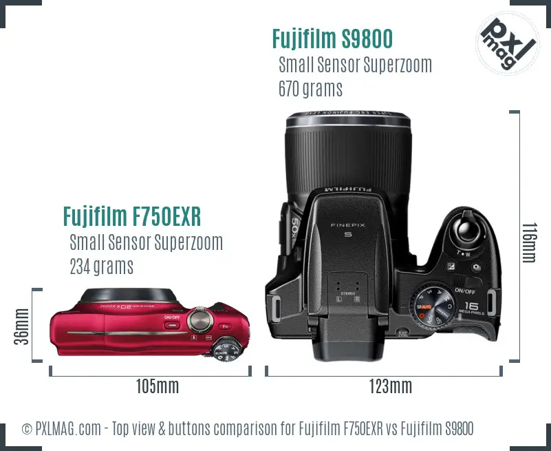 Fujifilm F750EXR vs Fujifilm S9800 top view buttons comparison