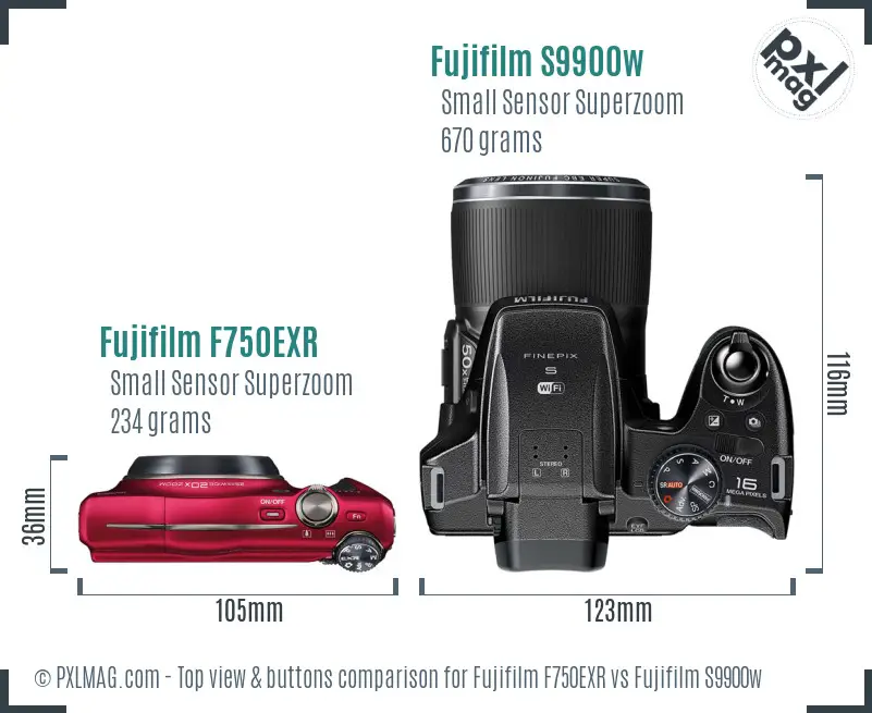 Fujifilm F750EXR vs Fujifilm S9900w top view buttons comparison