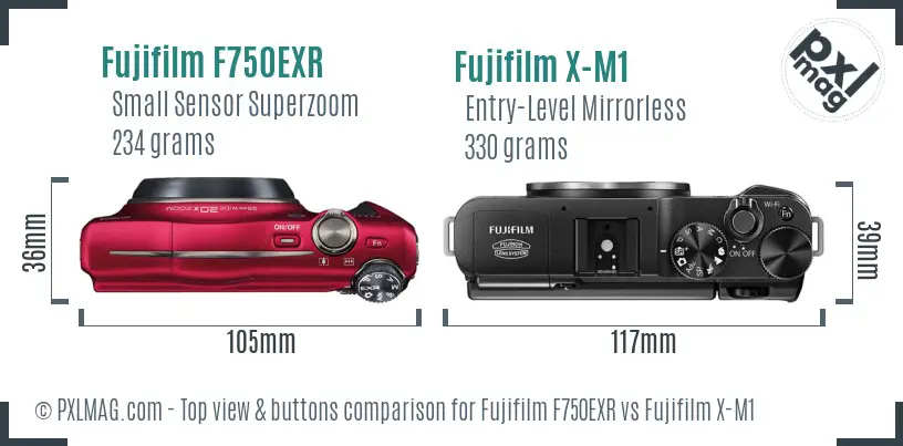 Fujifilm F750EXR vs Fujifilm X-M1 top view buttons comparison
