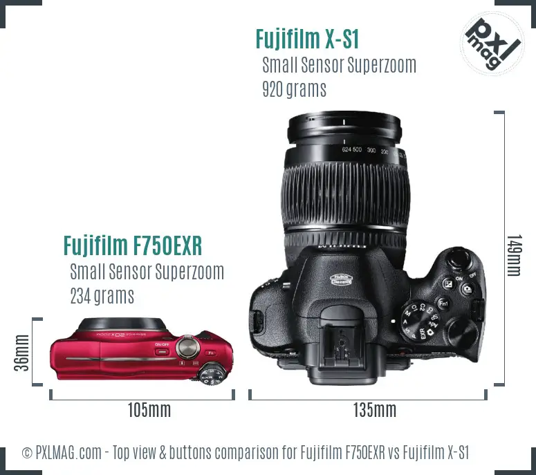 Fujifilm F750EXR vs Fujifilm X-S1 top view buttons comparison