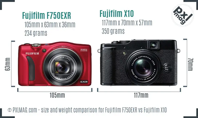 Fujifilm F750EXR vs Fujifilm X10 size comparison