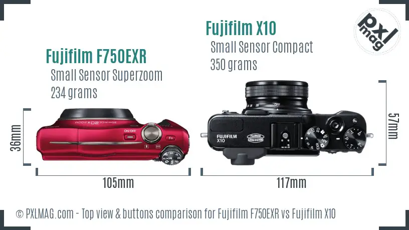 Fujifilm F750EXR vs Fujifilm X10 top view buttons comparison