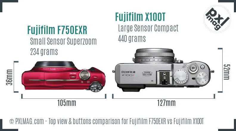 Fujifilm F750EXR vs Fujifilm X100T top view buttons comparison