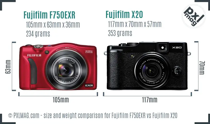 Fujifilm F750EXR vs Fujifilm X20 size comparison