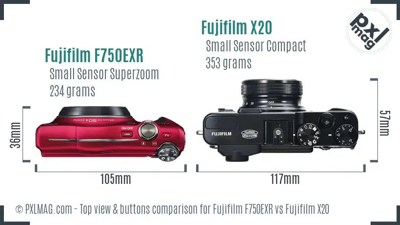 Fujifilm F750EXR vs Fujifilm X20 top view buttons comparison