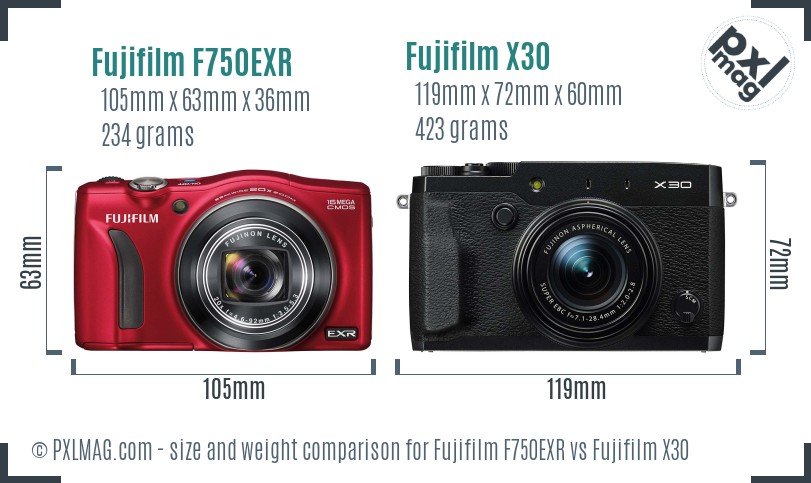 Fujifilm F750EXR vs Fujifilm X30 size comparison Fujifilm F750EXR vs Fujifilm X30 size comparison