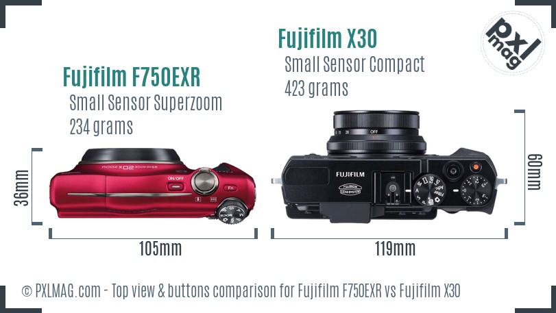 Fujifilm F750EXR vs Fujifilm X30 top view buttons comparison