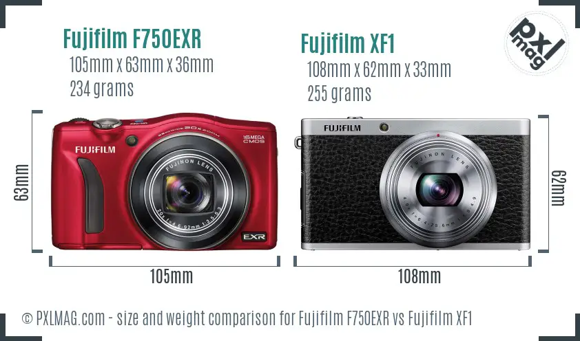 Fujifilm F750EXR vs Fujifilm XF1 size comparison