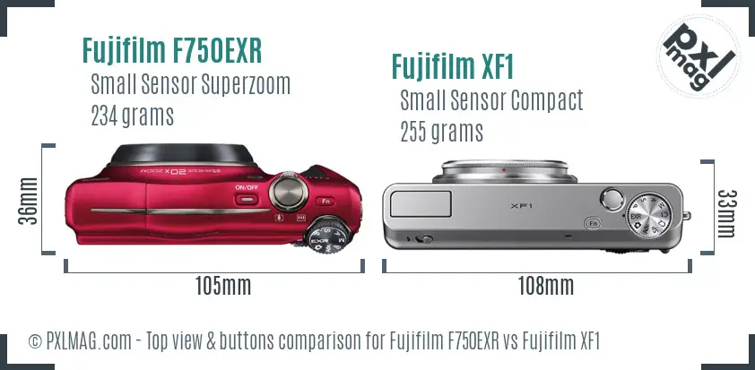 Fujifilm F750EXR vs Fujifilm XF1 top view buttons comparison