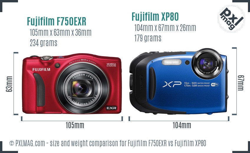 Fujifilm F750EXR vs Fujifilm XP80 size comparison