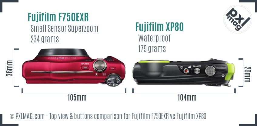 Fujifilm F750EXR vs Fujifilm XP80 top view buttons comparison