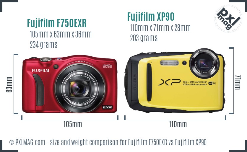 Fujifilm F750EXR vs Fujifilm XP90 size comparison