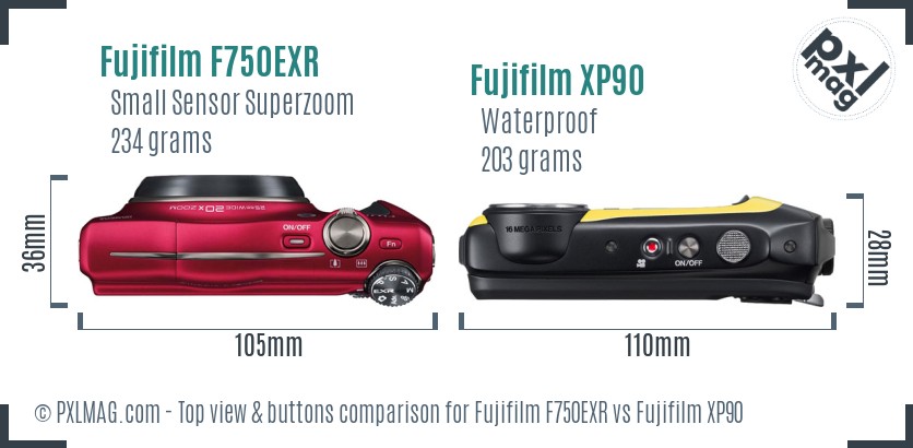 Fujifilm F750EXR vs Fujifilm XP90 top view buttons comparison