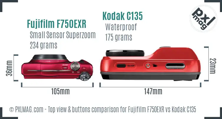 Fujifilm F750EXR vs Kodak C135 top view buttons comparison