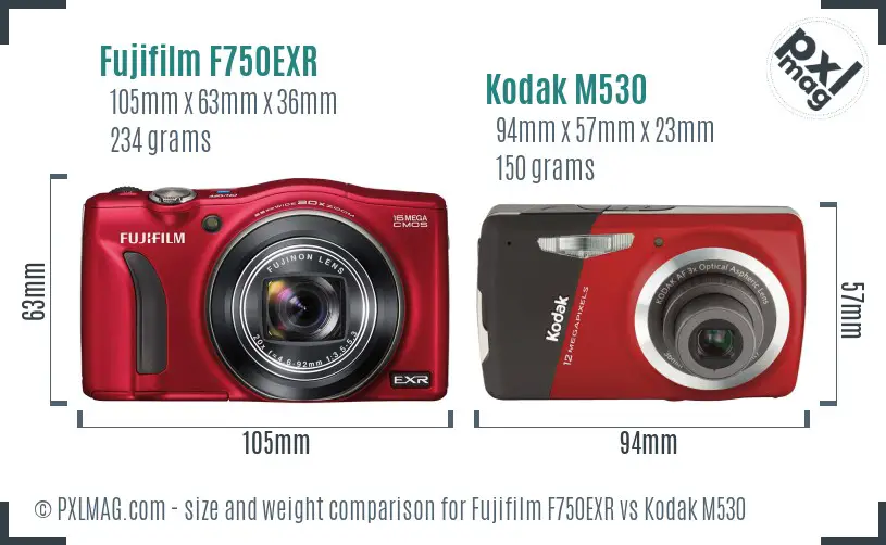 Fujifilm F750EXR vs Kodak M530 size comparison