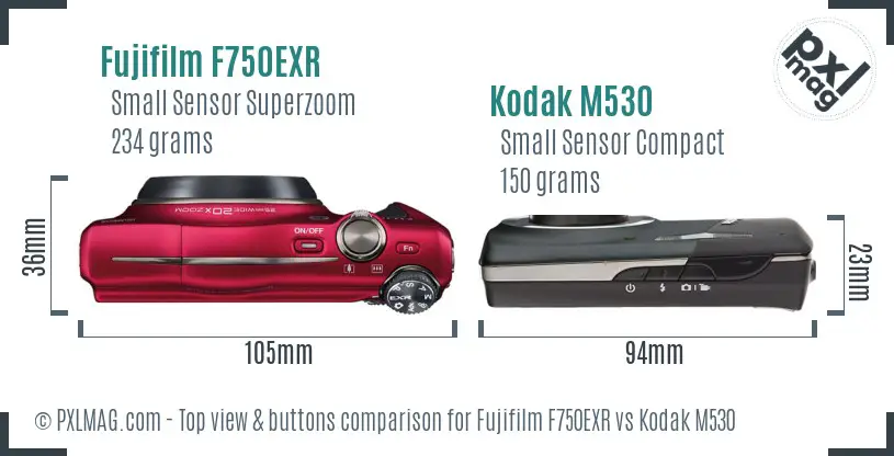 Fujifilm F750EXR vs Kodak M530 top view buttons comparison