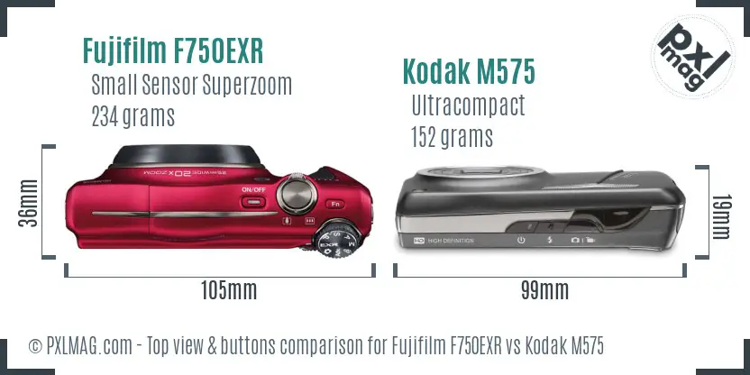 Fujifilm F750EXR vs Kodak M575 top view buttons comparison