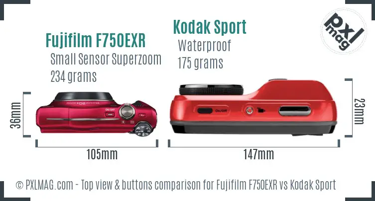Fujifilm F750EXR vs Kodak Sport top view buttons comparison Fujifilm F750EXR vs Kodak Sport top view buttons comparison