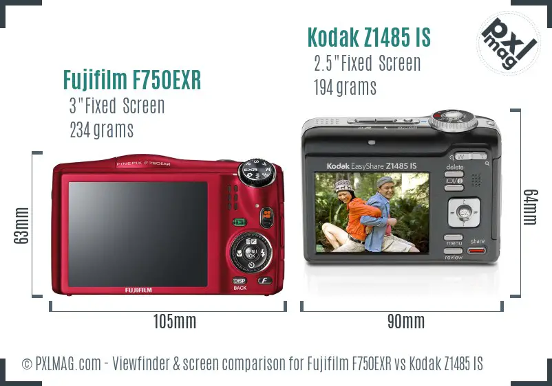 Fujifilm F750EXR vs Kodak Z1485 IS Screen and Viewfinder comparison