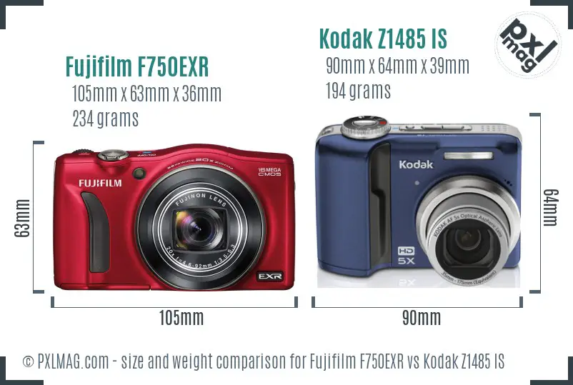 Fujifilm F750EXR vs Kodak Z1485 IS size comparison