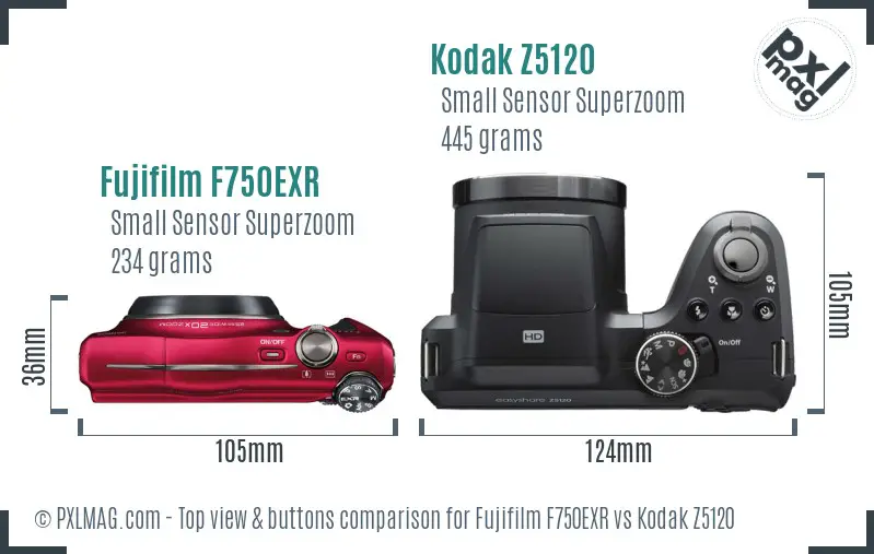 Fujifilm F750EXR vs Kodak Z5120 top view buttons comparison Fujifilm F750EXR vs Kodak Z5120 top view buttons comparison