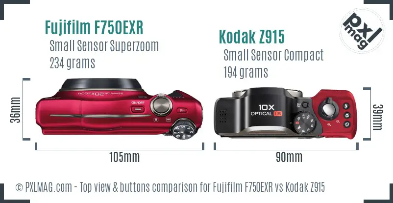 Fujifilm F750EXR vs Kodak Z915 top view buttons comparison