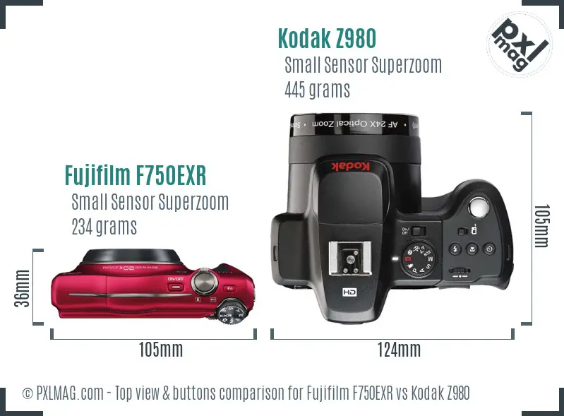 Fujifilm F750EXR vs Kodak Z980 top view buttons comparison