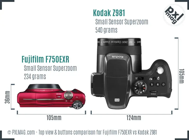 Fujifilm F750EXR vs Kodak Z981 top view buttons comparison
