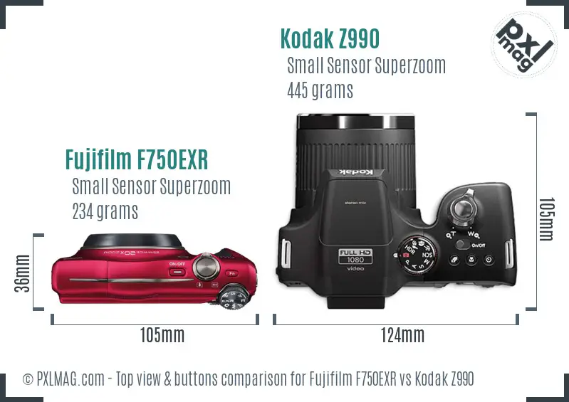 Fujifilm F750EXR vs Kodak Z990 top view buttons comparison