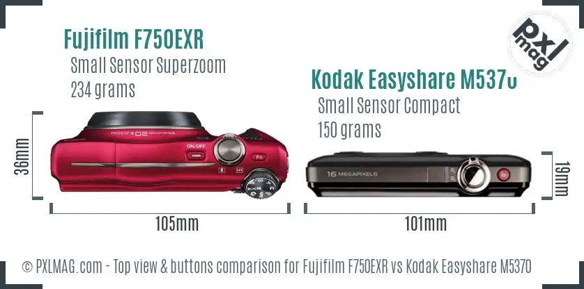 Fujifilm F750EXR vs Kodak Easyshare M5370 top view buttons comparison