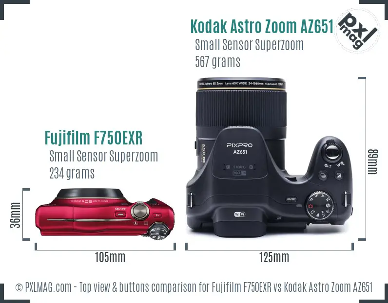 Fujifilm F750EXR vs Kodak Astro Zoom AZ651 top view buttons comparison Fujifilm F750EXR vs Kodak Astro Zoom AZ651 top view buttons comparison